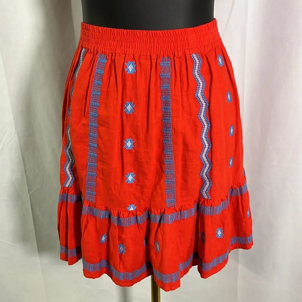 LOFT Red & Blue Embroidered Southwestern Print Ruffle Hem Linen Mini Skirt